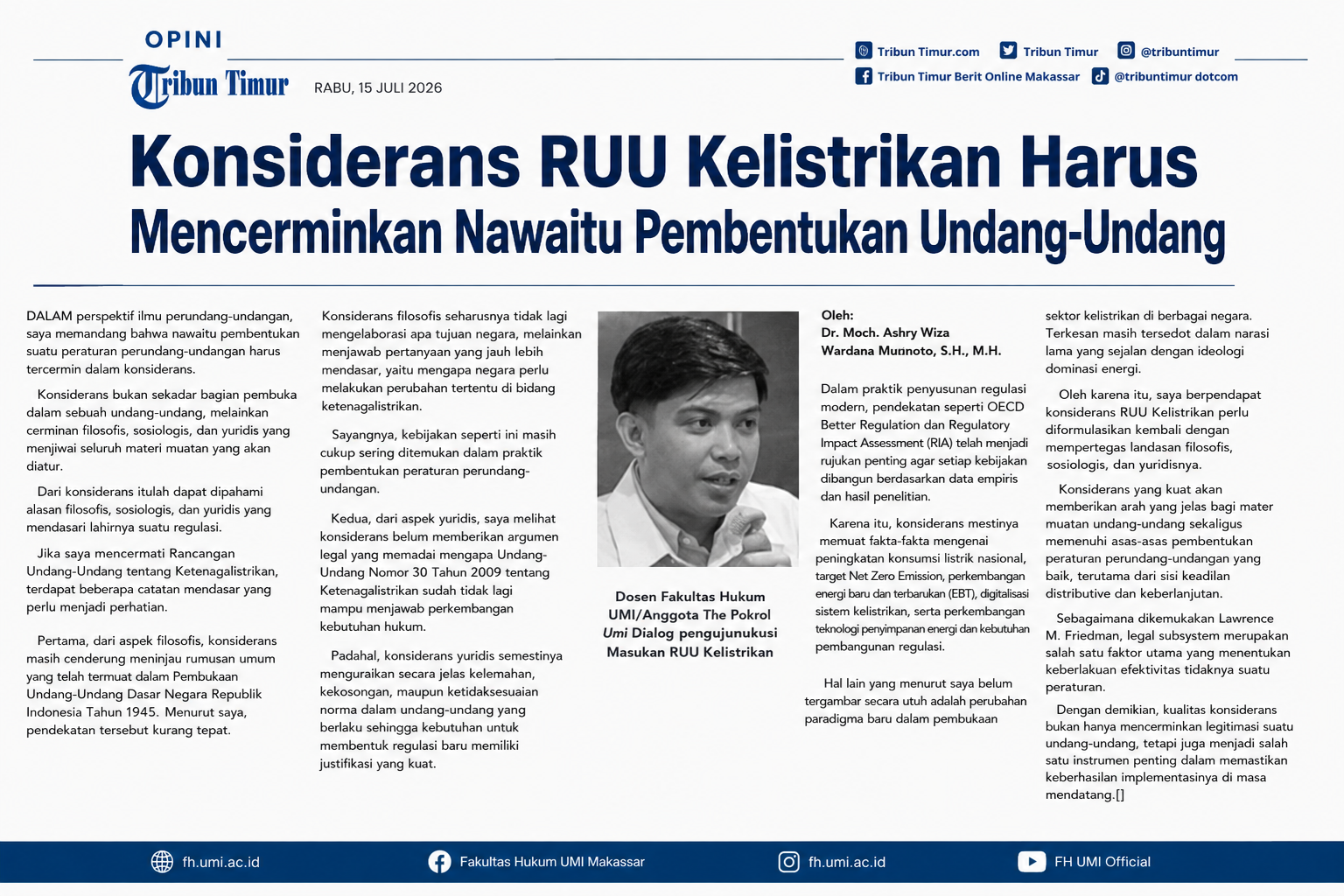 Dosen Fakultas Hukum UMI Soroti Pentingnya Konsiderans dalam RUU Ketenagalistrikan melalui Opini di Tribun Timur